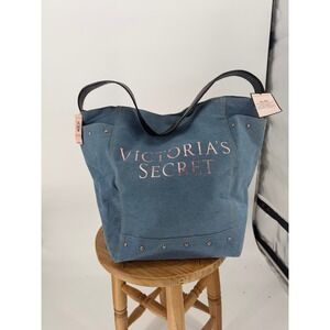 Victorias Secret Denim Tote Bag Blue Rose Gold Logo Studded Shoulder Purse NEW